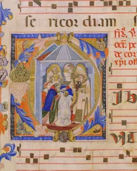 Ms 570 f.81v Historisierte Initiale C darstellend die Eucharistie, aus Missale D, von einem toskanischen Illuminator, aus San Marco e Cenacoli